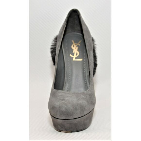 YSL Yves Saint Laurent Palais Mohawk Goat Fur Suede Platform Pump Gray 38/8 - Picture 3 of 11